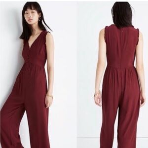 Madewell Burgundy Button Front Jumpsuit with Ruffle Top Size 10